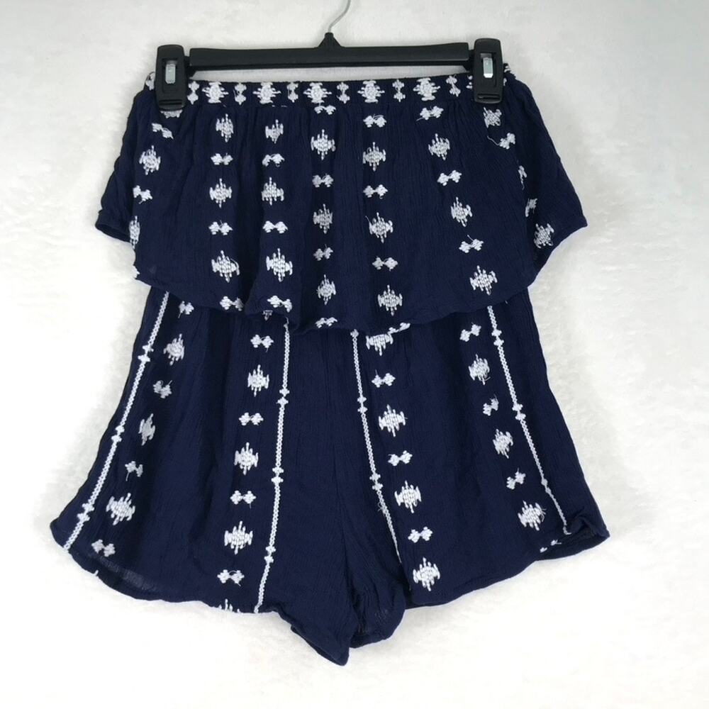 Japna Romper Juniors XS Blue White Ruffle Boho Aztec Western Festival Strapless